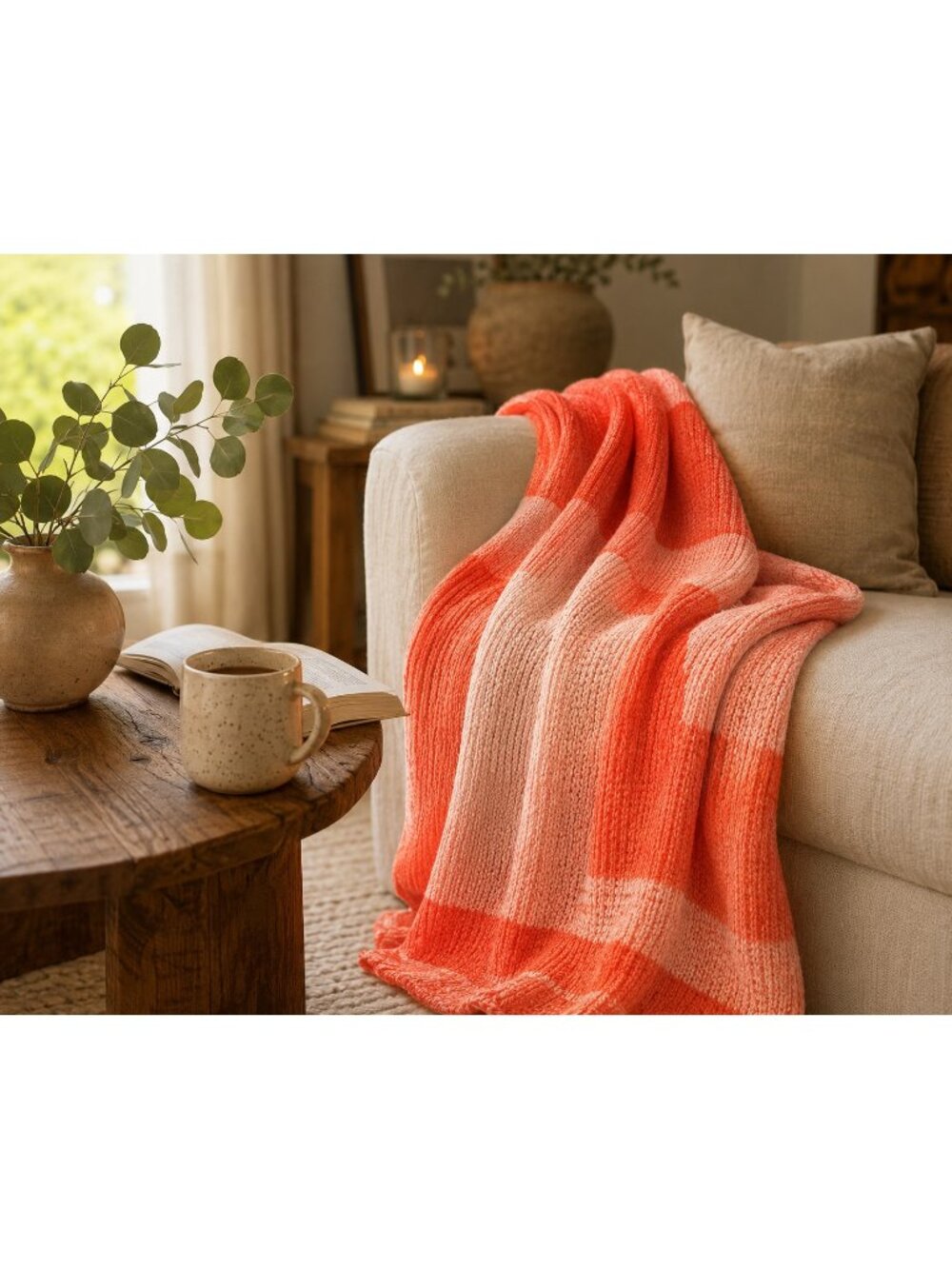 Alashan Cotton Cashmere Cascade Throw Sherbet And White